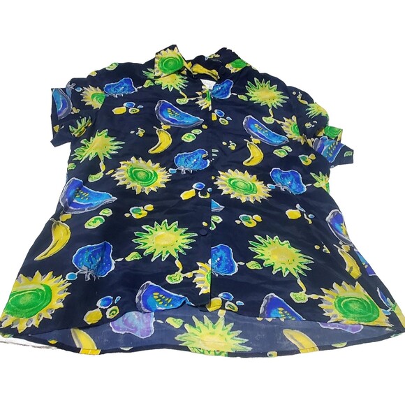 Silk Tropical Print Silk Shirt L Short Sleeve Button Front Resort Vibe SoftGirl - Picture 2 of 9